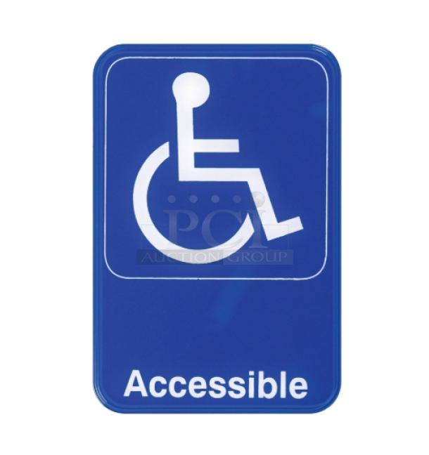 Brand new Winco SGN-653B blue “Accessible” sign with wheelchair symbol, rectangular.