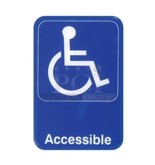 Brand new Winco SGN-653B blue “Accessible” sign with wheelchair symbol, rectangular.