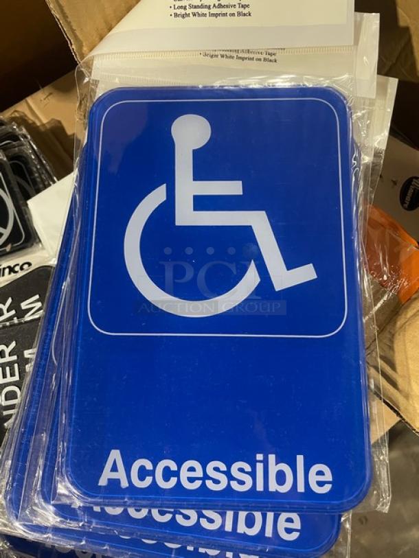 Winco SGN-653B blue "Accessible" sign, brand new. Features wheelchair symbol and text, durable material.