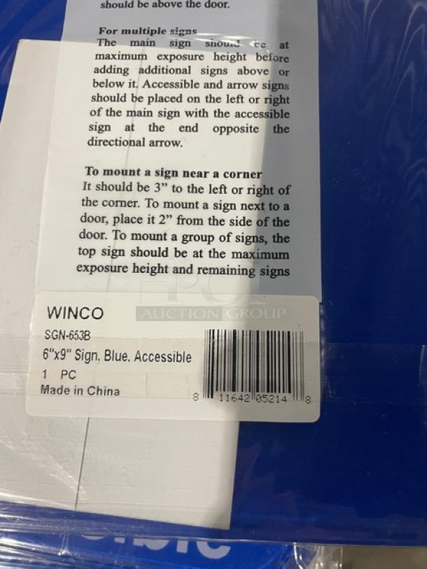 Brand new Winco SGN-653B blue "Accessible" sign, 6"x9", commercial use, package label visible, made in China.