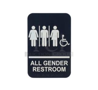 Brand new Winco SGNB-608 all gender restroom sign. Black background, white symbols, and Braille text. Ideal for commercial use.