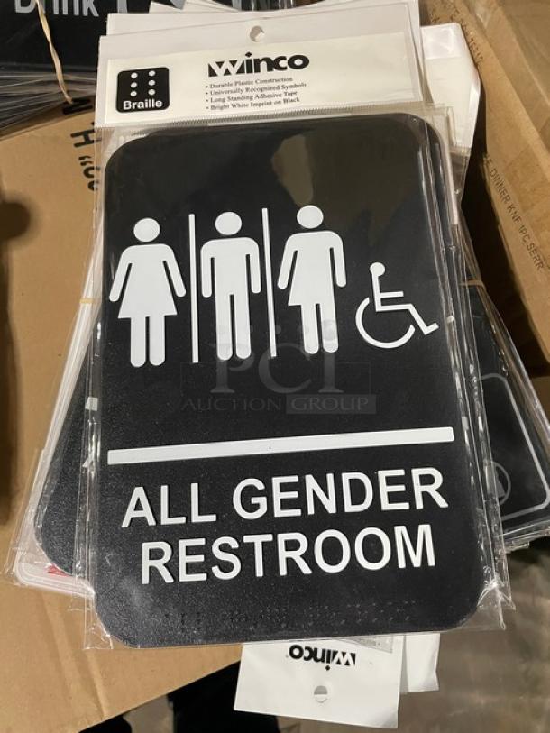 Winco SGNB-608 all-gender restroom sign, black, new condition, 6"x8", durable plastic, Braille text, ADA compliant.