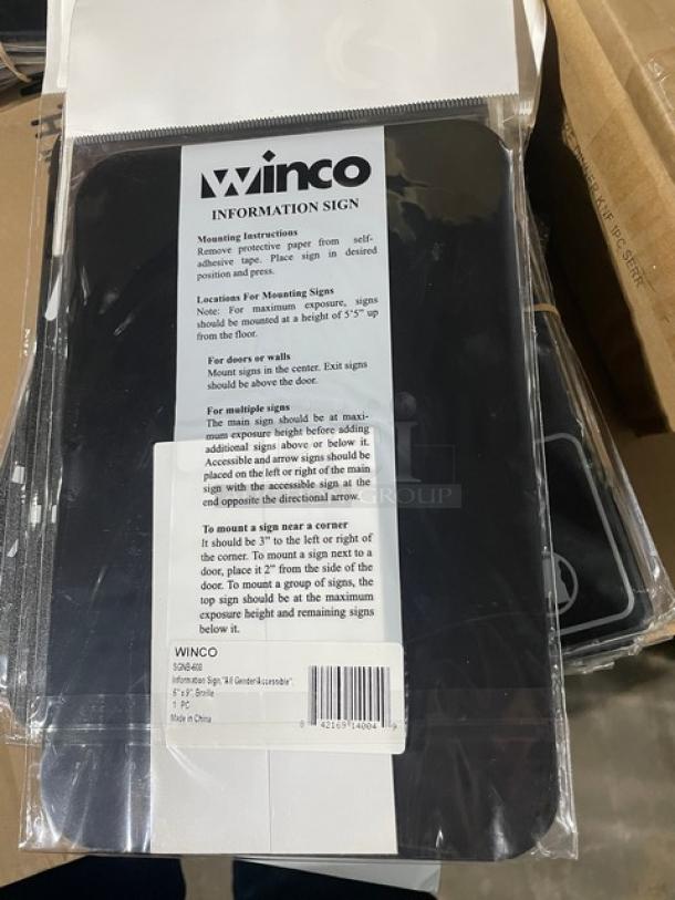 Brand new Winco SGNB-608 "All Gender Restroom" sign, black, commercial use, model SGNB608, includes mounting instructions.