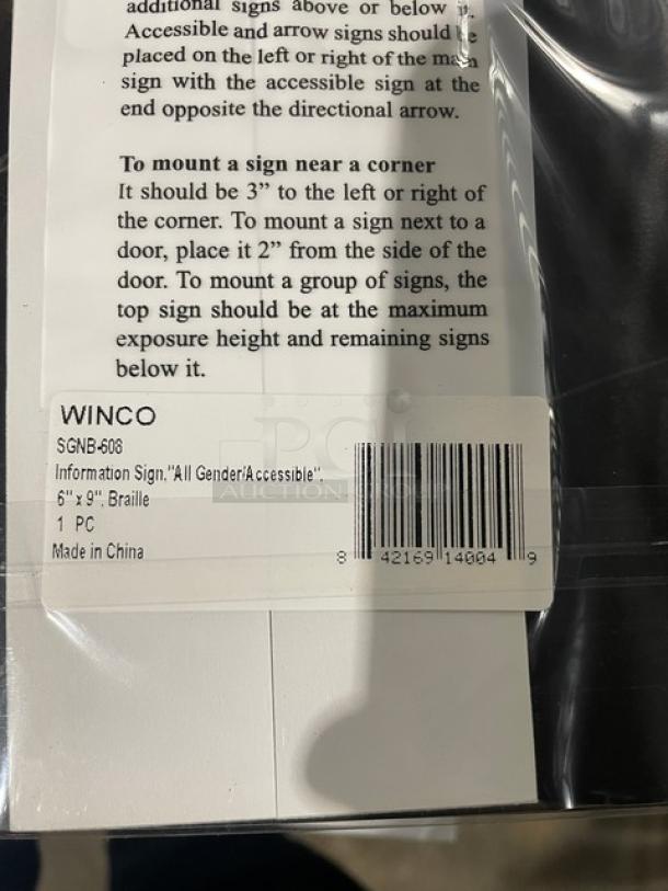 Winco SGNB-608 all-gender restroom sign, 6"x9", brand new, features Braille. Model: SGNB608. Made in China.