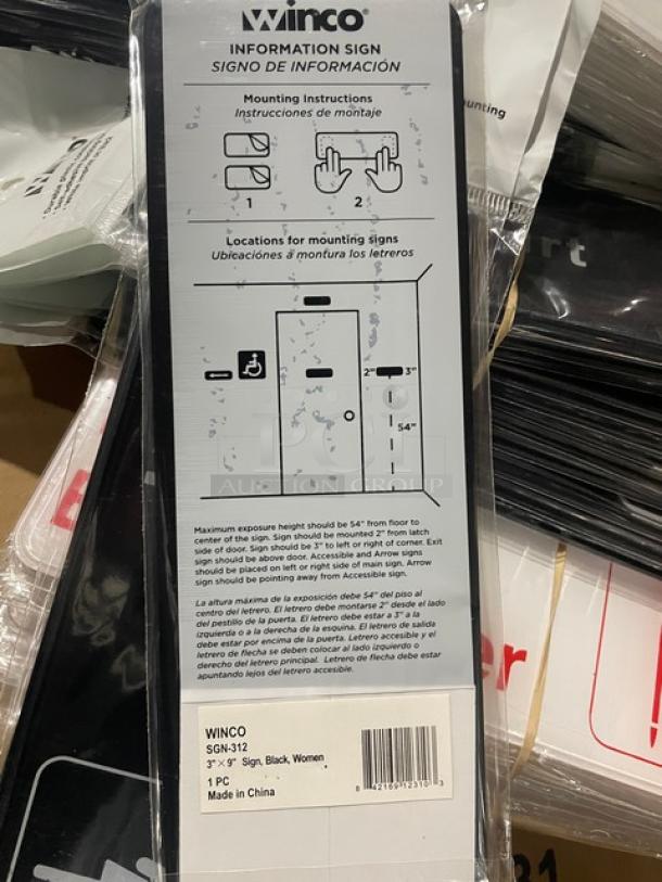 Winco commercial black "Women" sign, model SGN-312, brand new. Features mounting instructions. Dimensions: 3"x9". Made in China.