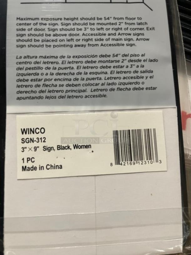 Winco SGN-312 3"x9" black "Women" sign, new, in packaging. Made in China. Ideal for commercial use.