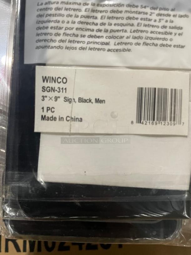 Winco SGN-311 black "Men" sign, new. Dimensions 3"x9". Made in China. Packaging includes product label and barcode.
