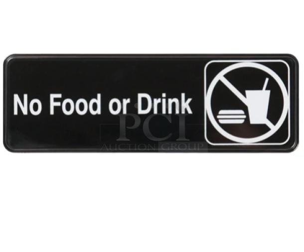 Winco SGN-333 black sign, "No Food or Drink," new condition, commercial grade, features food and drink icons with prohibition symbol.