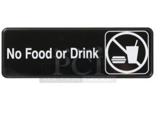 Winco SGN-333 black sign, "No Food or Drink," new condition, commercial grade, features food and drink icons with prohibition symbol.
