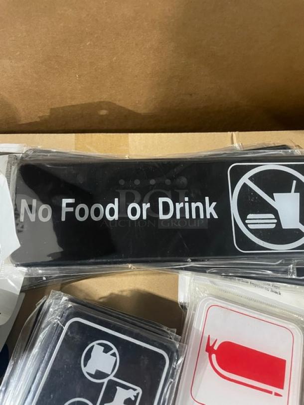 Winco SGN-333 black "No Food or Drink" sign, brand new, rectangular with icon, commercial use.