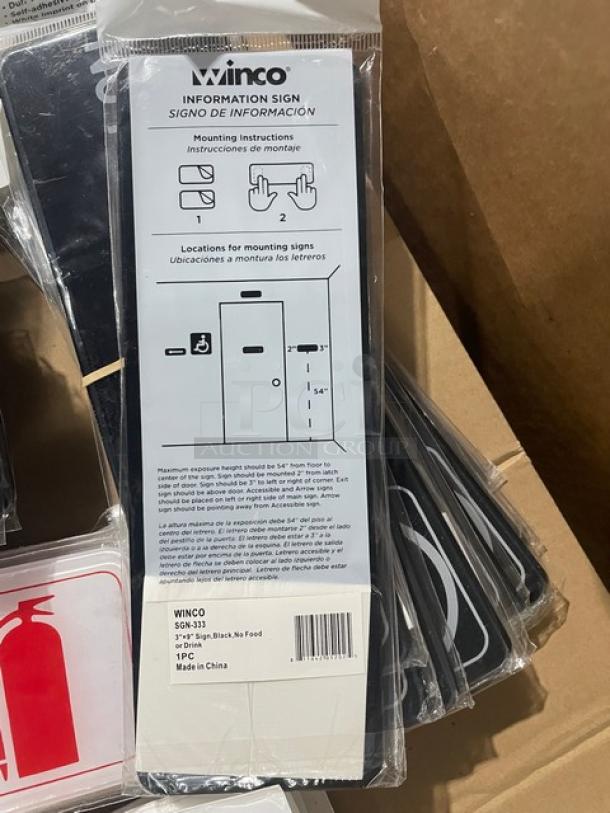 Brand new Winco SGN-333 black "No Food Or Drink" sign, sealed packaging, includes mounting instructions, made in China.
