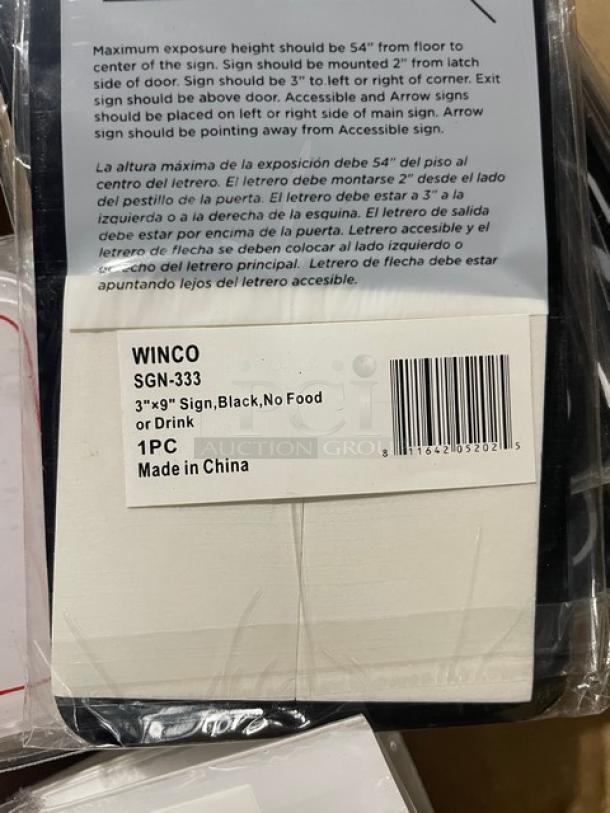 Winco SGN-333 black "No Food Or Drink" sign, brand new, model SGN333, dimensions 3"x9", made in China.
