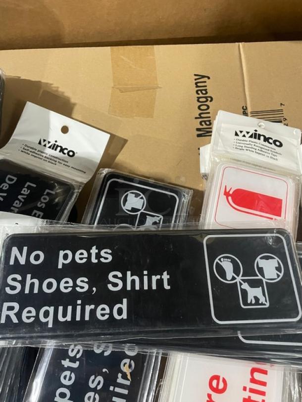 Brand new Winco SGN332 sign reading "No Pets Shoes, Shirt Required" in black, perfect condition, commercial use.