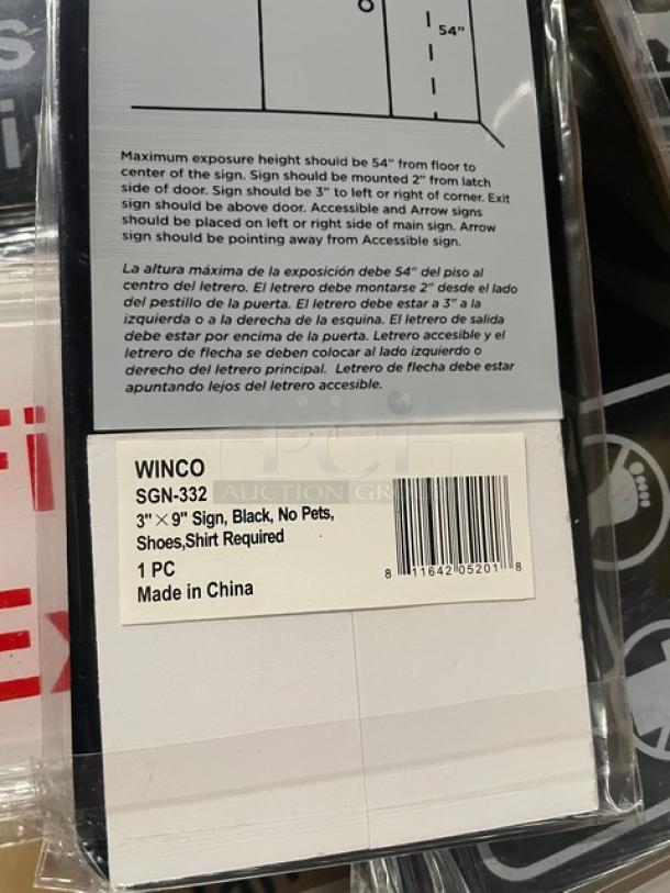 Brand new Winco SGN-332 sign, 3"x9", black, "No Pets, Shoes, Shirt Required." Includes mounting instructions. Made in China.
