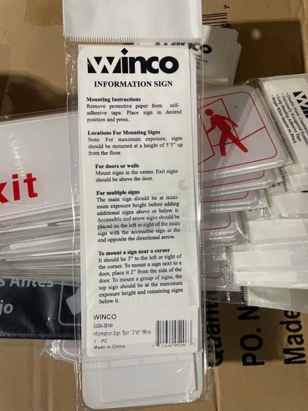 BRAND NEW Winco Exit Sign SGN-381W, commercial-grade, white, 4X bid value. Includes mounting instructions. Model: SGN381W.