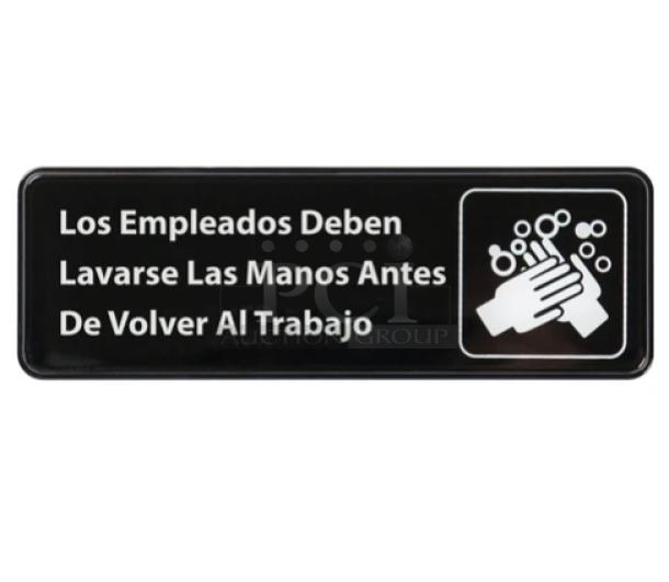 Winco Commercial Spanish "Employees Must Wash Hands" Sign, Model SGN360, New, Black, Features Handwashing Icon.
