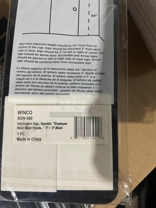 Winco SGN-360 Spanish "Employees Must Wash Hands" sign, black, 3"x9", brand new, made in China, packaging visible.