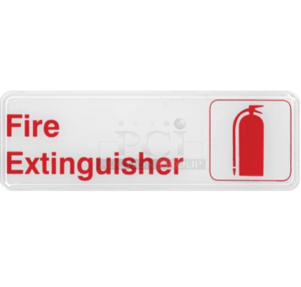 Brand new Winco white "Fire Extinguisher" sign, model SGN382W, featuring red text and icon, 4X your bid.