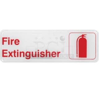 Brand new Winco white "Fire Extinguisher" sign, model SGN382W, featuring red text and icon, 4X your bid.