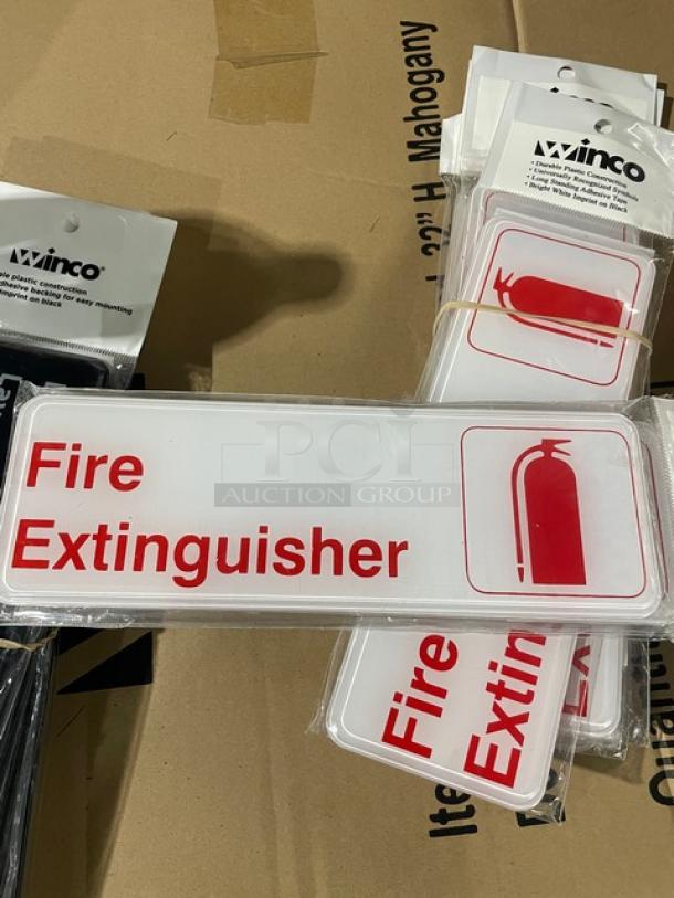 Brand new Winco SGN-382W fire extinguisher sign, white with red text and symbol, durable for commercial use.