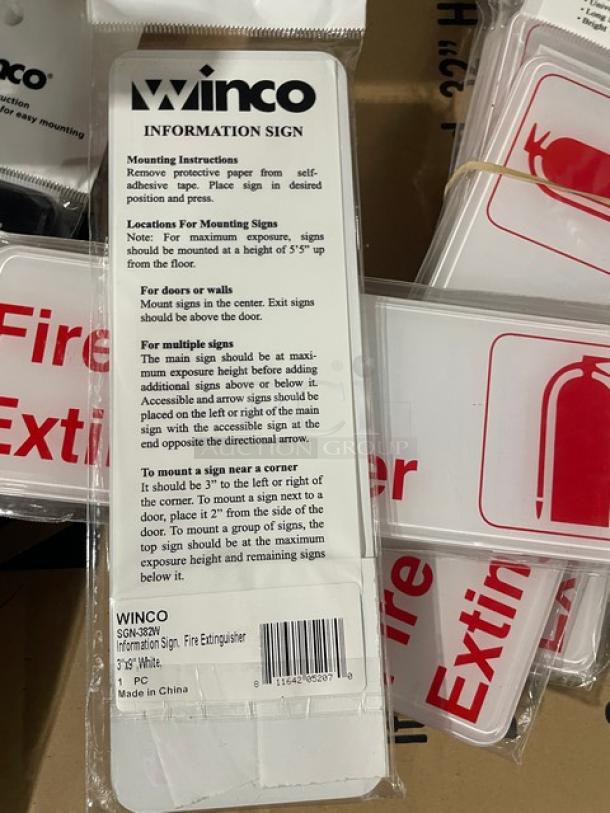 Winco white "Fire Extinguisher" sign, model SGN-382W, brand new in packaging. Clear mounting instructions included.