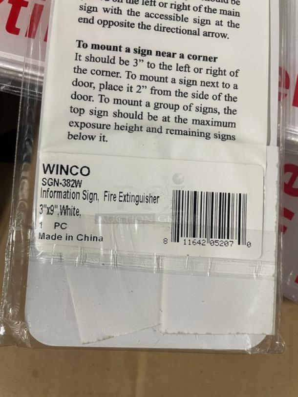 Winco SGN-382W fire extinguisher sign, 3"x9", white, new condition. Label shows model, dimensions, made in China.