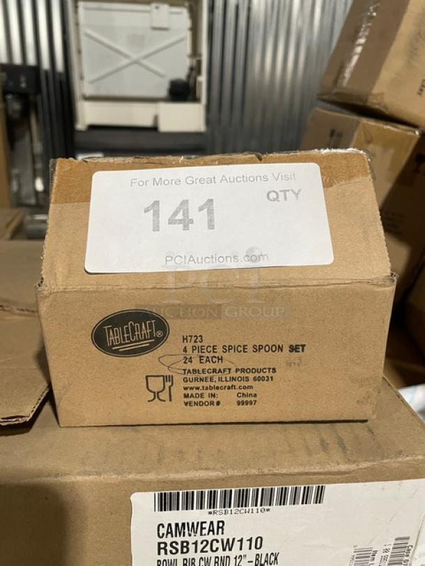 TableCraft Model H723 stainless steel 4-piece spice spoons set, brand new. 24 sets per case. Box label visible.