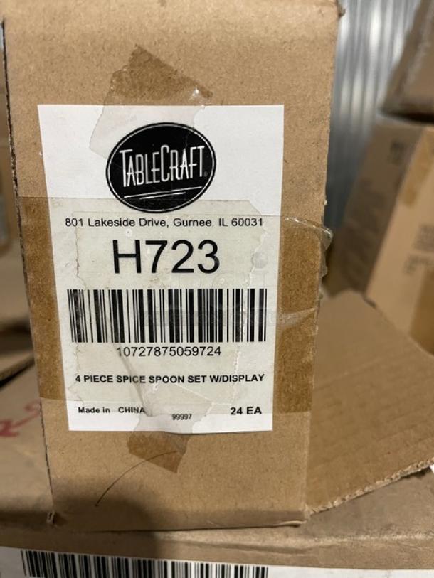 Brand new TableCraft H723, 4-piece stainless steel spice spoons set, case of 24, shown with packaging label and barcode.