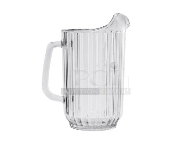 Brand new Cambro Camwear 48 oz clear polycarbonate beverage pitcher, model P480CW135, with a ribbed design.