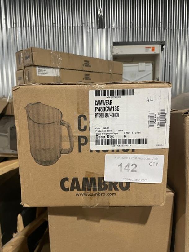 Brand new Cambro Camwear 48 oz. clear polycarbonate beverage pitcher, model P480CW135, boxed, case qty 6.