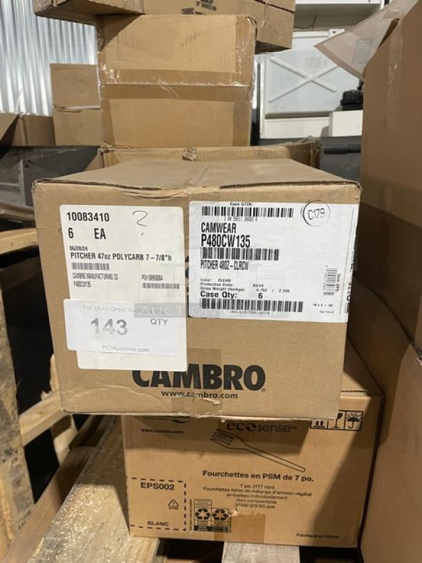 Box of Cambro Camwear P480CW135 beverage pitchers, 48 oz, clear polycarbonate, brand new, sealed. Contains 6 units.