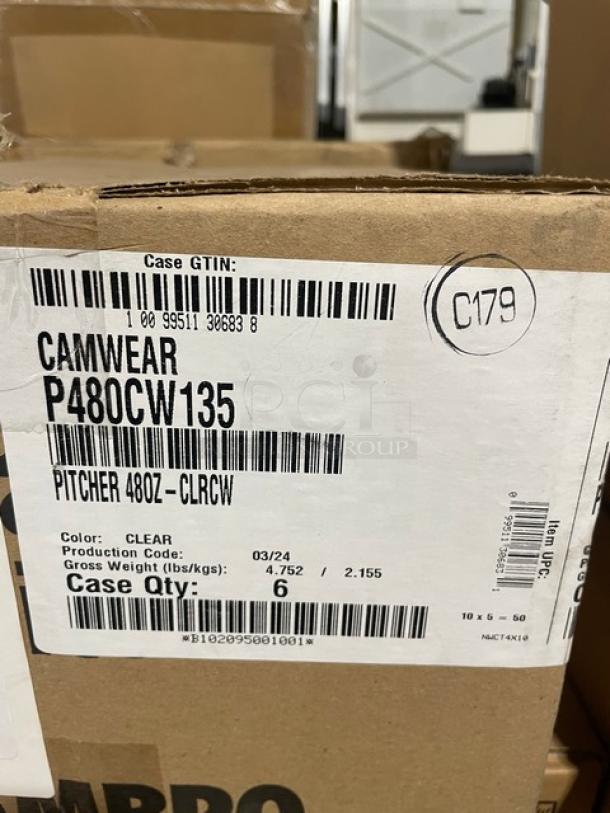 Cambro Camwear P480CW135 commercial clear 48 oz. polycarbonate beverage pitcher box, case qty 6, new condition.