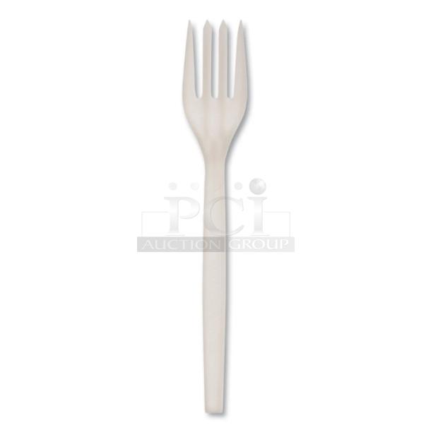 Novolex EcoSense 7” plant starch blend fork, white, model EPS002, brand new, 50 per bag, 20 bags per box.