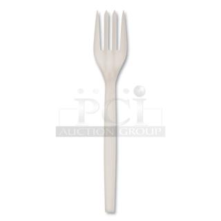Novolex EcoSense 7” plant starch blend fork, white, model EPS002, brand new, 50 per bag, 20 bags per box.