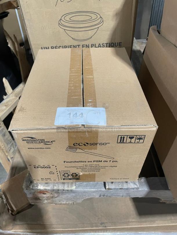 Box of Novolex EcoSense EPS002 plant starch blend forks, 50 per bag, 20 bags per box, brand new, commercial-grade.