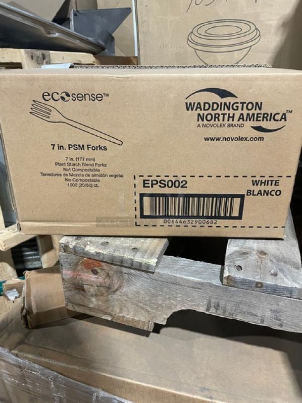 Box of Novolex EcoSense 7" plant starch blend forks, model EPS002. Contains 20 bags of 50 forks each. Brand new condition.