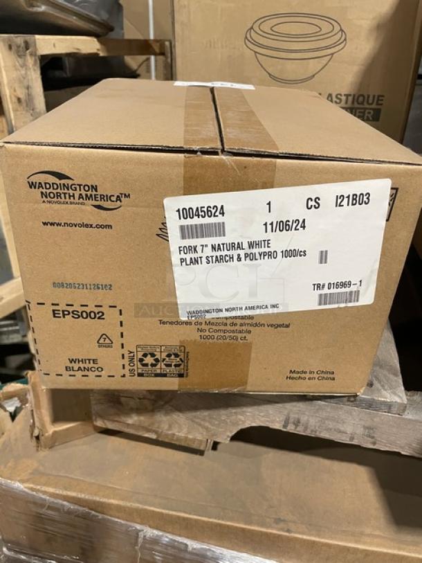 Novolex EcoSense 7” plant starch blend forks, model EPS002. New in box, 50 forks per bag, 20 bags per box.