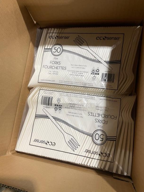 Novolex EcoSense Series 7” Plant Starch Blend Forks, model EPS002, 50 per bag, 20 bags per box, brand new.