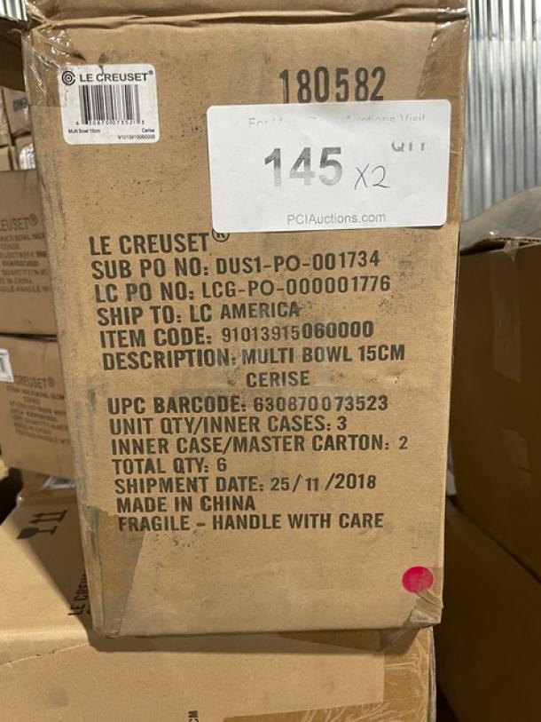 Le Creuset Cerise Series Red Stoneware 6” Multi-Bowl, Model 91013915060000, new in box, 20 oz, 3 per case.