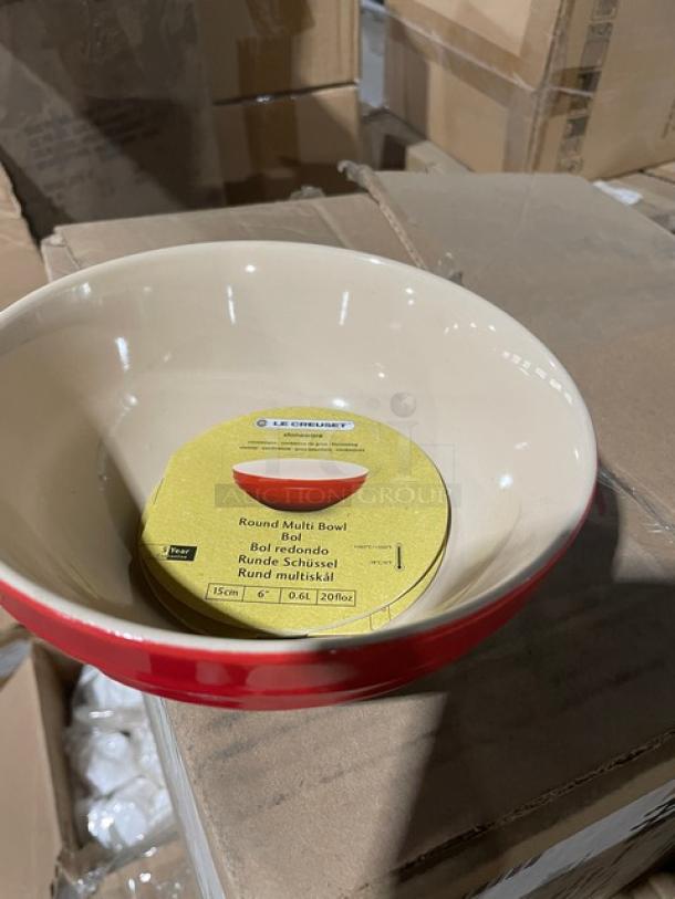 Brand new Le Creuset Cerise red stoneware 6” round multi-bowl, 20 oz capacity, Model 91013915060000, with label.