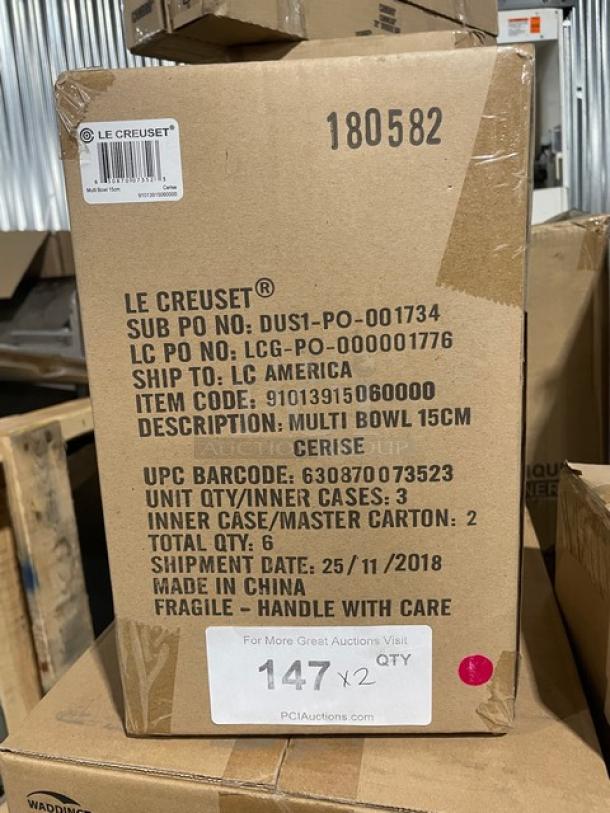 Brand new Le Creuset Cerise 6” Round Stoneware Multi-Bowl, 20 oz, red, model 91013915060000, 3 per case, commercial packaging.