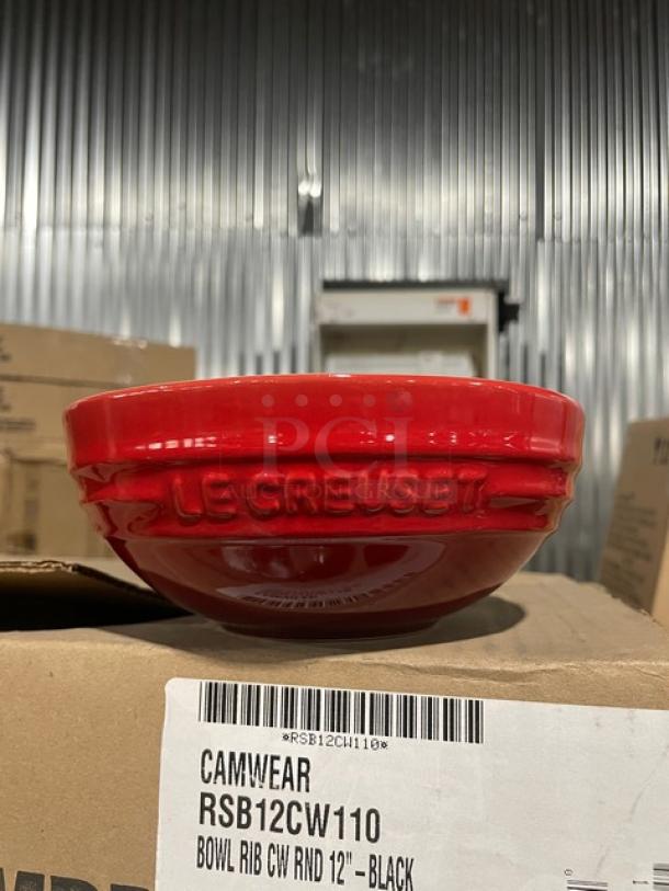 Le Creuset Cerise Series red stoneware 6” round multi-bowl, model 91013915060000, embossed logo, 20 oz, new condition.