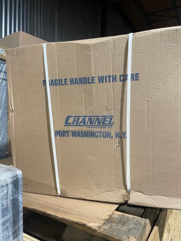 Brand new Channel Model L815W commercial white rectangular lug/bus box in original packaging, labeled "Fragile, Handle with Care."
