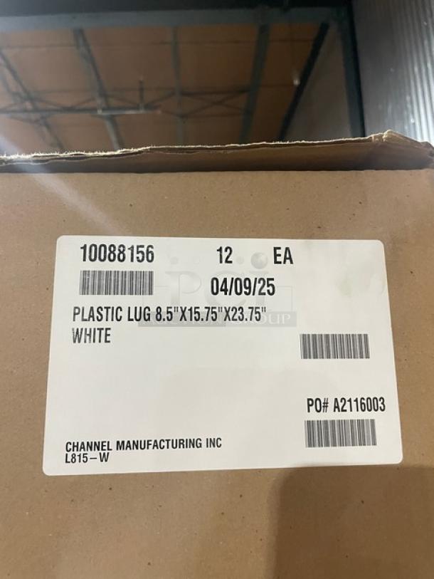 Channel Commercial White Lug Box, Model L815-W. New condition. Dimensions: 8.5"x15.75"x23.75". Box of 12.