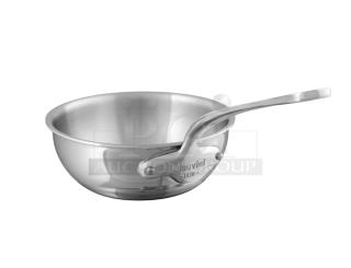 Brand new Mauviel 1830 M'Cook 5-ply stainless steel splayed sauté pan, model 521228, with cast steel handles.