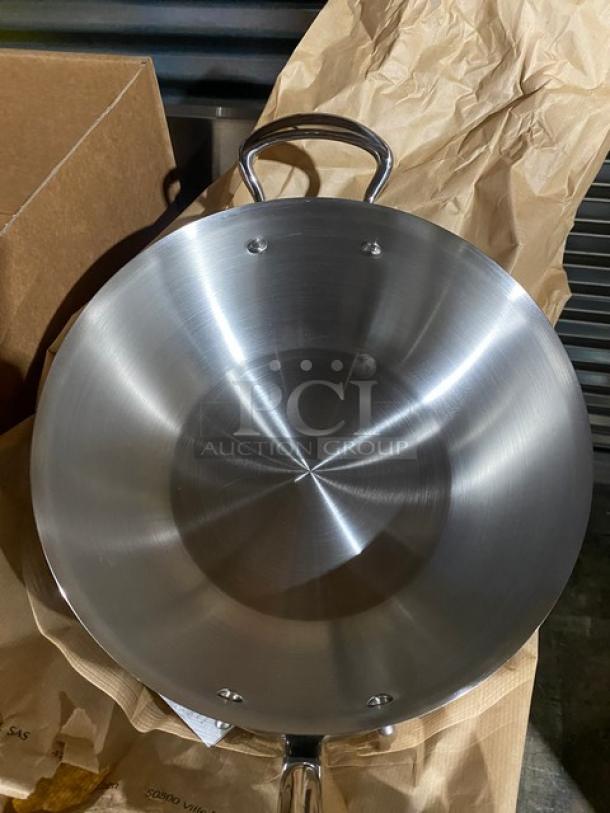 Brand new Mauviel 1830 M'Cook 521228 stainless steel 5-ply chef pan with cast steel handles, polished finish.