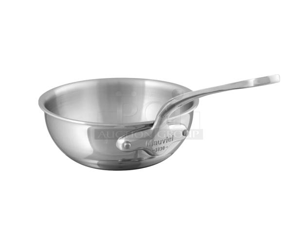 Brand new Mauviel 1830 M'Cook 5-ply polished stainless steel chef pan, model 521228, with cast steel handles.