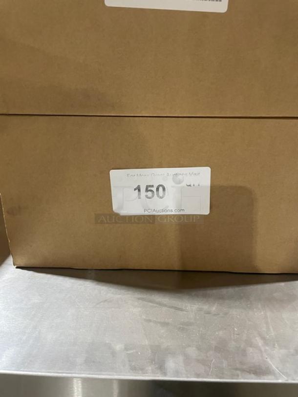 Brand new Mauviel 1830 M'Cook Series 5-ply stainless steel splayed sauté pan, model 521228, with cast steel handles. Box labeled "150".