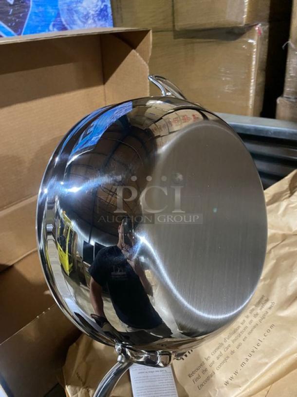 Brand new Mauviel 1830 M'Cook Series 5-ply stainless steel chef pan, model 521228, with polished finish and cast steel handles.