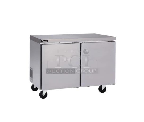 Brand new 2022 Delfield Coolscapes GUR48P-S-FD stainless steel 2-door undercounter refrigerator. 48", 115V, on wheels.